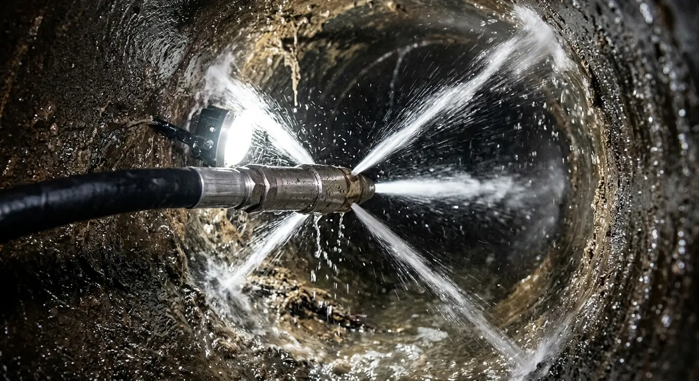 High-pressure hydro jetting nozzle cleaning sewer pipe for Trenchless Sewer Repair in Hartsville