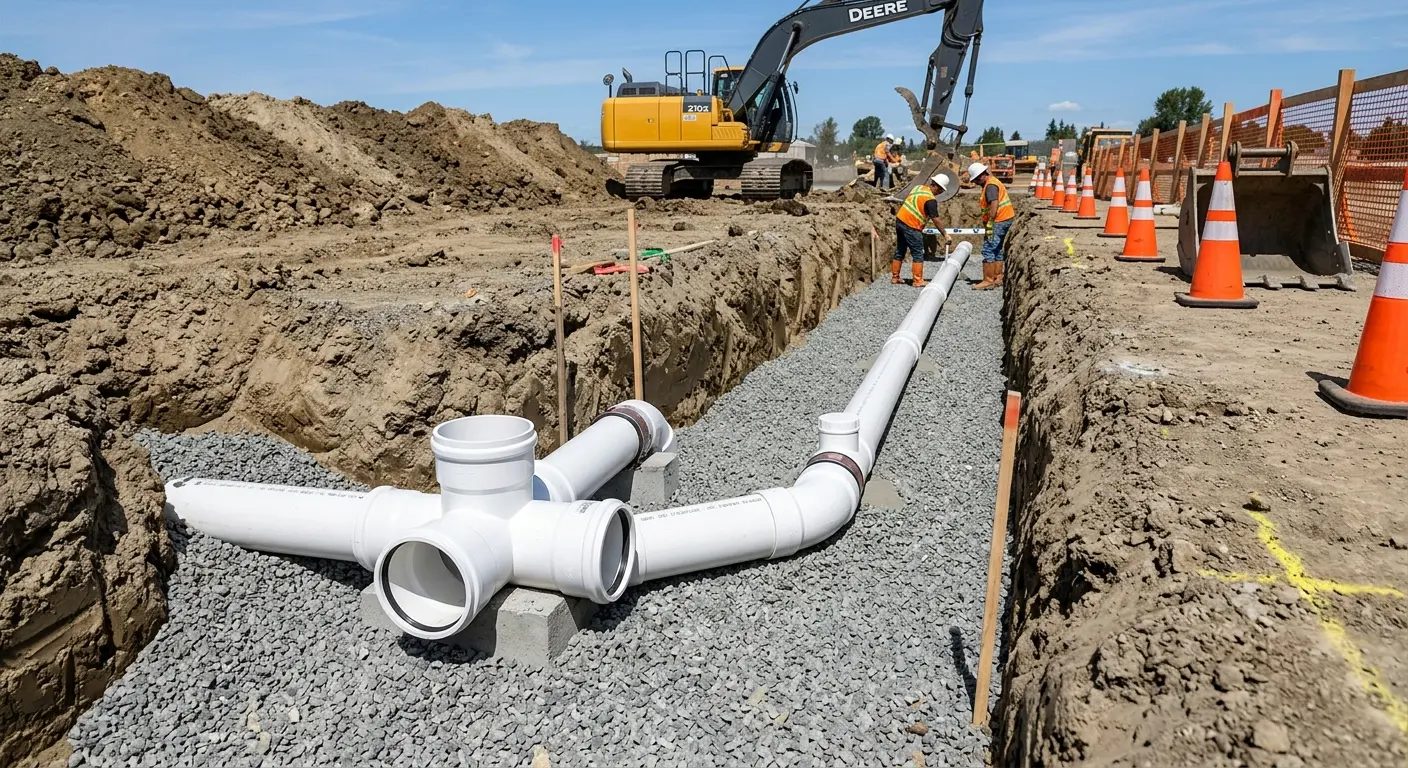 New PVC sewer pipe installation in open trench for Commercial Drain Cleaning in Hartsville