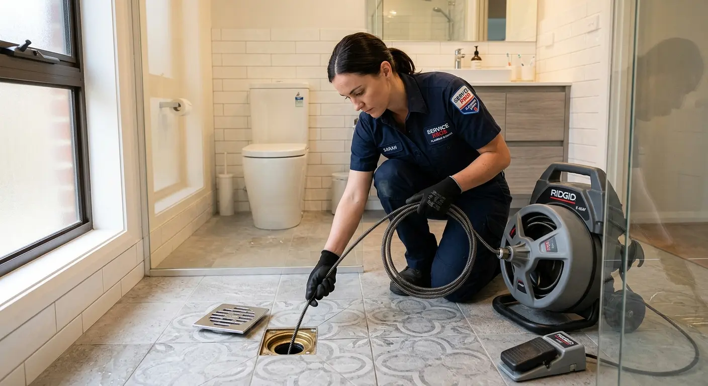 Technician clearing a bathroom floor drain for Clogged Drain Repair in Hartsville